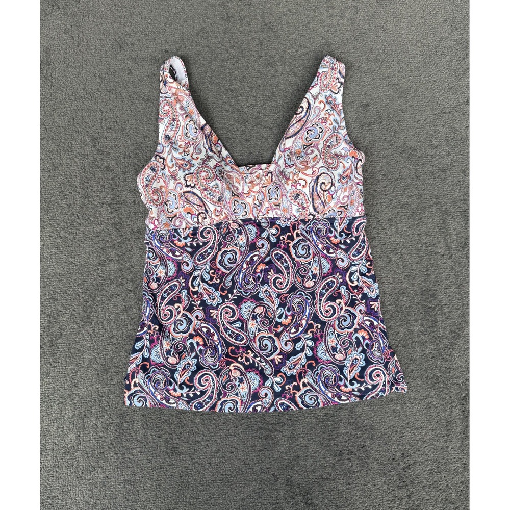 Lands End Womens Paisley Tankini Swim Top V-Neck Navy Orange 10 D Cup